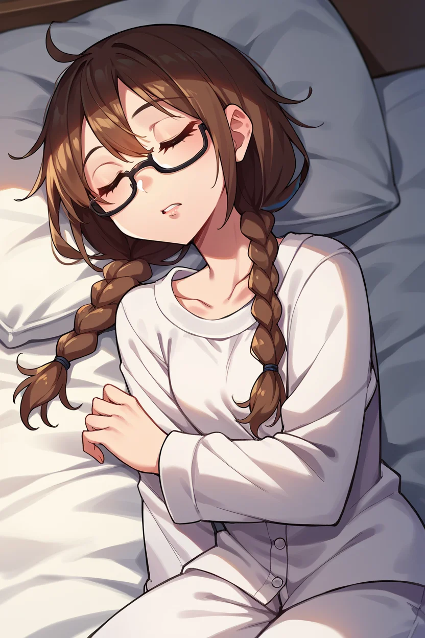score_9, score_8_up, score_7_up, score_6_up, source_anime BREAK 1girl, <lora:yoshidasaki-pdxl-nvwls-v1-000006:1> defSaki, brown hair, twin braids, hair over shoulders, glasses, white pajamas, white pajama pants, loose clothes, closed eyes, parted lips, dreaming