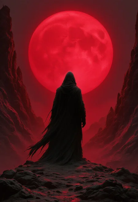 A dark, gothic digital painting depicts a hooded figure facing a massive, blood-red full moon. The figure, cloaked in tattered robes, stands on a rocky, barren landscape. Twisted, jagged mountains frame the scene. The background, in deep red hues, is sharply focused, emphasizing the ominous, surreal atmosphere. The lighting casts a reddish glow, enhancing the eerie, haunting ambiance. The image has a high level of detail and depth, with a slightly blurred effect at the edges.