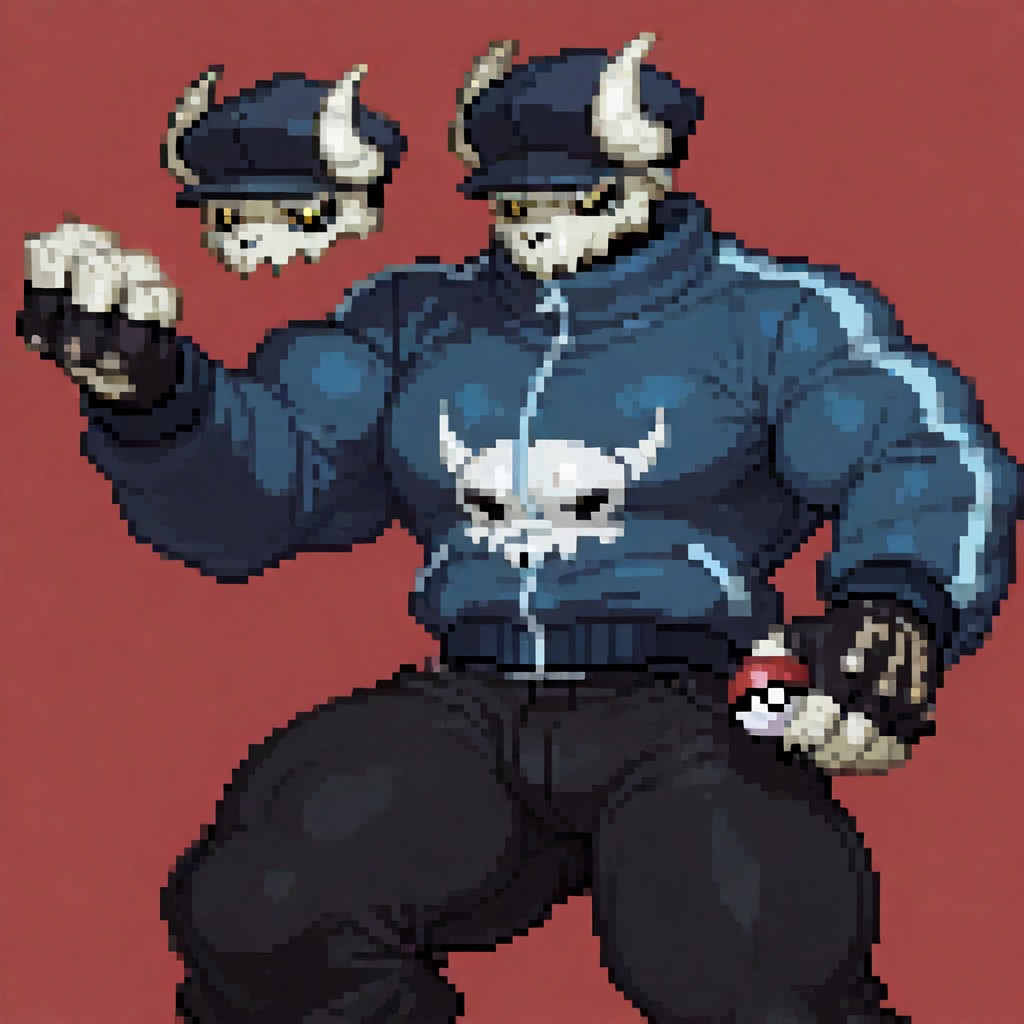 Tabi, skull head, goat skull, black sclera, yellow eyes, jacket, blue jacket, muscular, Muscles Hyper Buff, pants, black pants, fingerless gloves, white skin, dark blue hat, holding pokeball