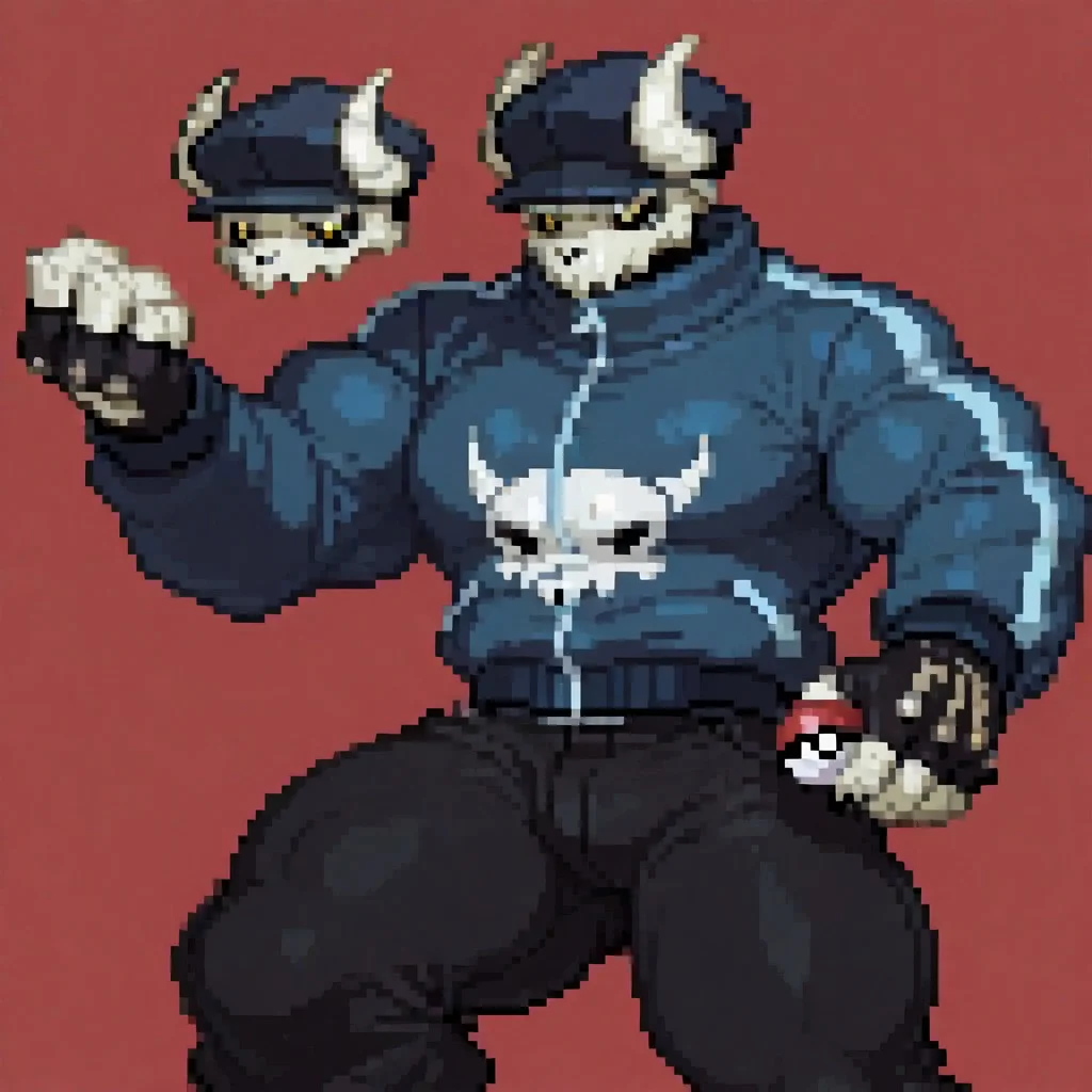 Tabi, skull head, goat skull, black sclera, yellow eyes, jacket, blue jacket, muscular, Muscles Hyper Buff, pants, black pants, fingerless gloves, white skin, dark blue hat, holding pokeball