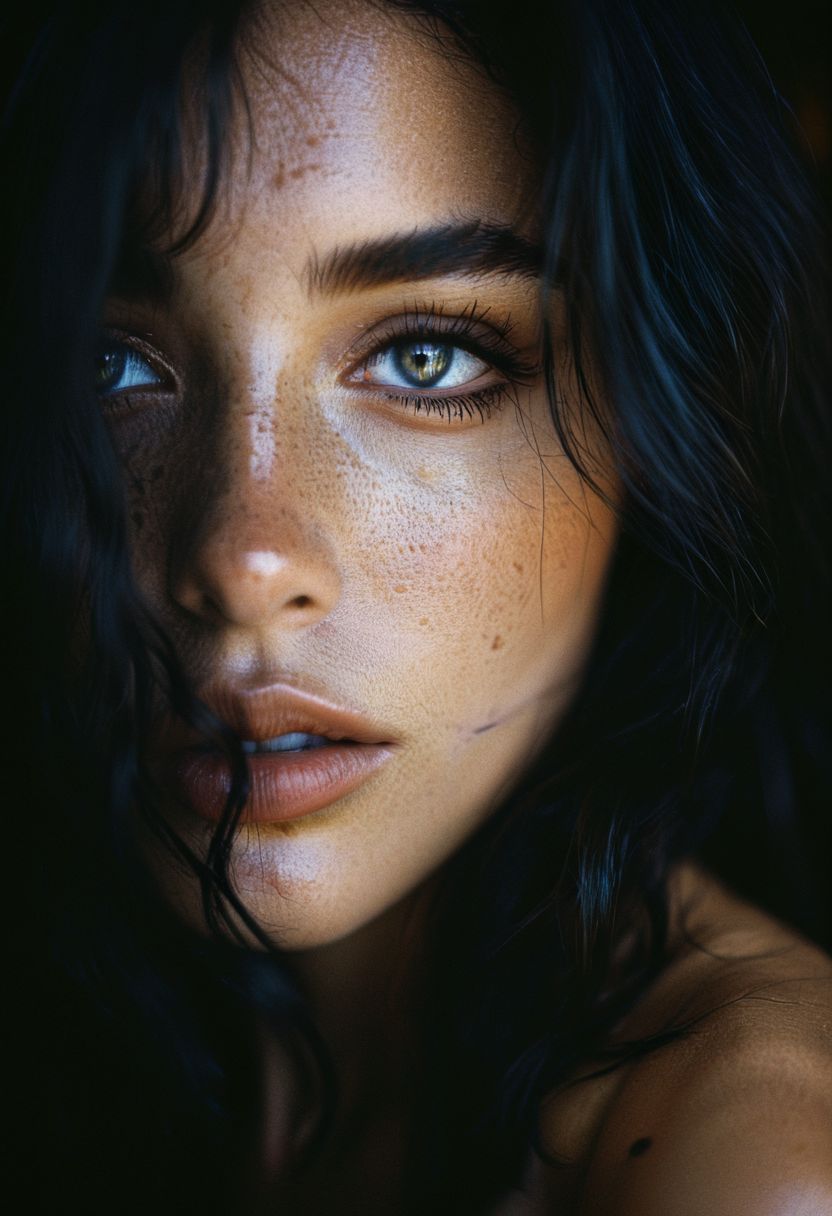 boudoir glamour photoshoot, erotic and moody extreme close-up photo of a beautiful woman, freckles, grey eyes, black wavy hair, woman, seductive stare, simple background, warm tones, classy, elegant, Kodak Portra 160, two-tone lighting, hazy, blurry, richly detailed, highly textured, 4k, 8k