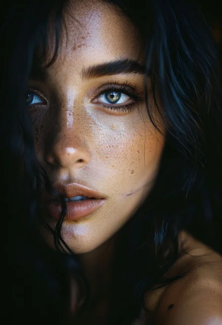 boudoir glamour photoshoot, erotic and moody extreme close-up photo of a beautiful woman, freckles, grey eyes, black wavy hair, woman, seductive stare, simple background, warm tones, classy, elegant, Kodak Portra 160, two-tone lighting, hazy, blurry, richly detailed, highly textured, 4k, 8k