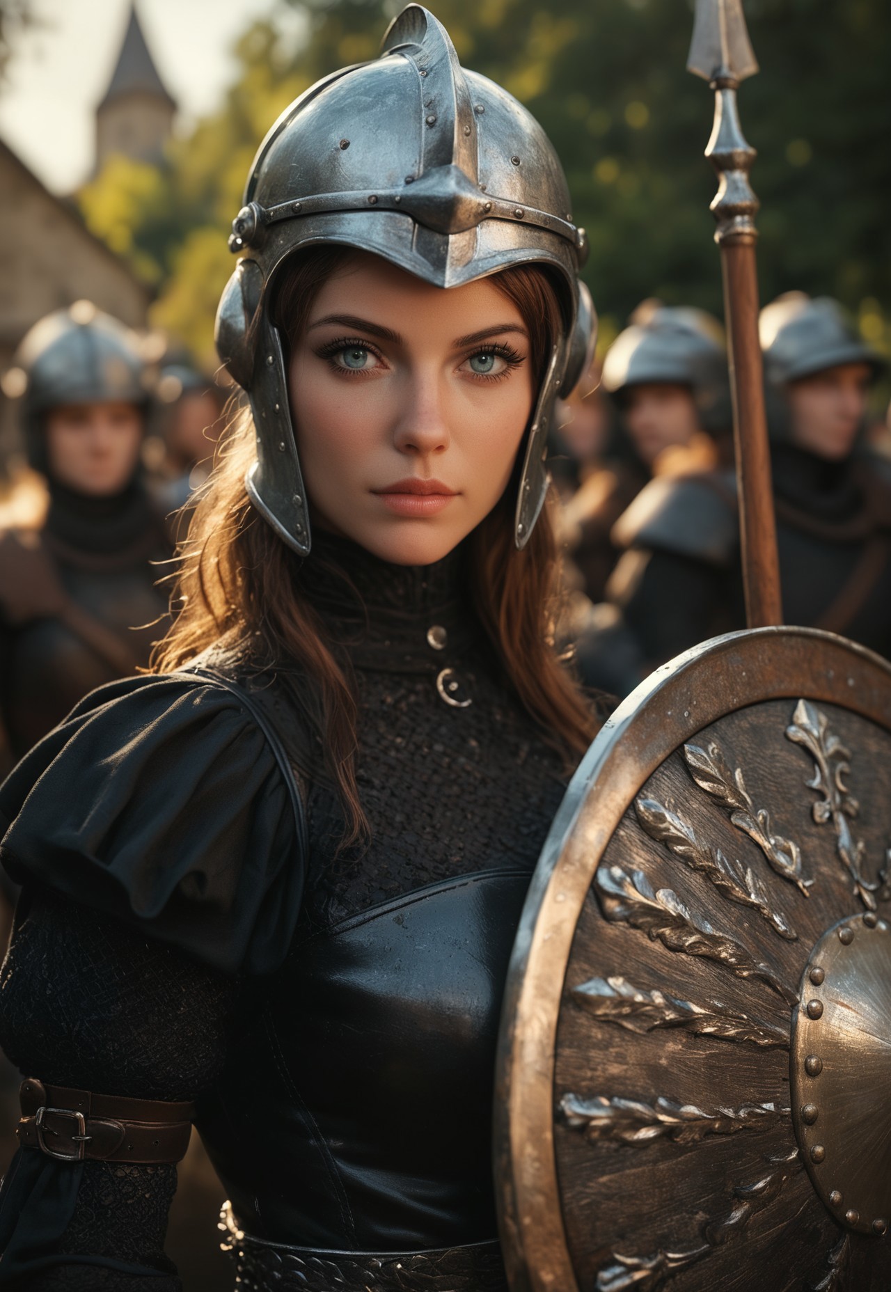 safe_pos, score_9, score_8_up, score_7_up, score_6_up, 1girl, amazing quality, uhd, portrait, medieval in a helmet and chainmail armor, holding shield while holding a spear.
Medieval style, random background
BREAK
source_cartoon, rating_explicit, Expressiveh, (((((upper body))))), dynamic pose
(The Blacksmith Shop background:1.8)
 (8k uhd:1,4)
(((full-clothed))),
 <lora:add-detail-xl:1>
 <lora:Dynamic Poses:1>