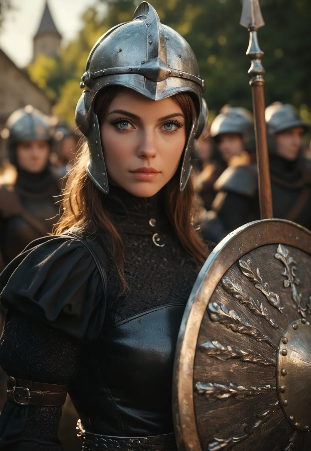safe_pos, score_9, score_8_up, score_7_up, score_6_up, 1girl, amazing quality, uhd, portrait, medieval in a helmet and chainmail armor, holding shield while holding a spear.
Medieval style, random background
BREAK
source_cartoon, rating_explicit, Expressiveh, (((((upper body))))), dynamic pose
(The Blacksmith Shop background:1.8)
(8k uhd:1,4)
(((full-clothed))),
<lora:add-detail-xl:1>
<lora:Dynamic Poses:1>