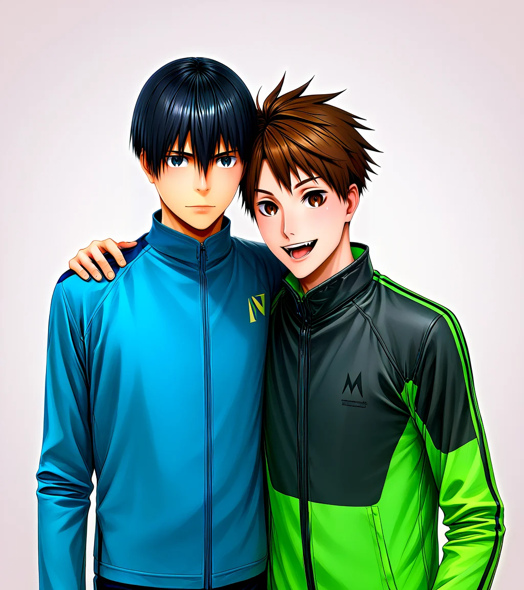 <lora:Kakeru_and_Haiji:1>,zPDXL2,2boys,multiple boys,upper body,ADDBASE,kakeru kurahara,black hair,blue-black jacket,hand on another's shoulder,arm around shoulder,ADDCOL,haiji kiyose,green-black jacket,open mouth,smile,