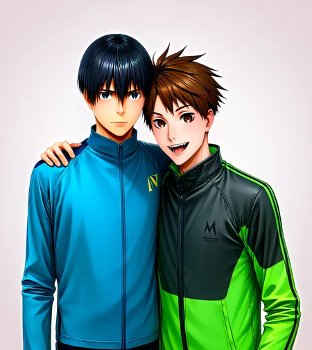 <lora:Kakeru_and_Haiji:1>,zPDXL2,2boys,multiple boys,upper body,ADDBASE,kakeru kurahara,black hair,blue-black jacket,hand on another's shoulder,arm around shoulder,ADDCOL,haiji kiyose,green-black jacket,open mouth,smile,