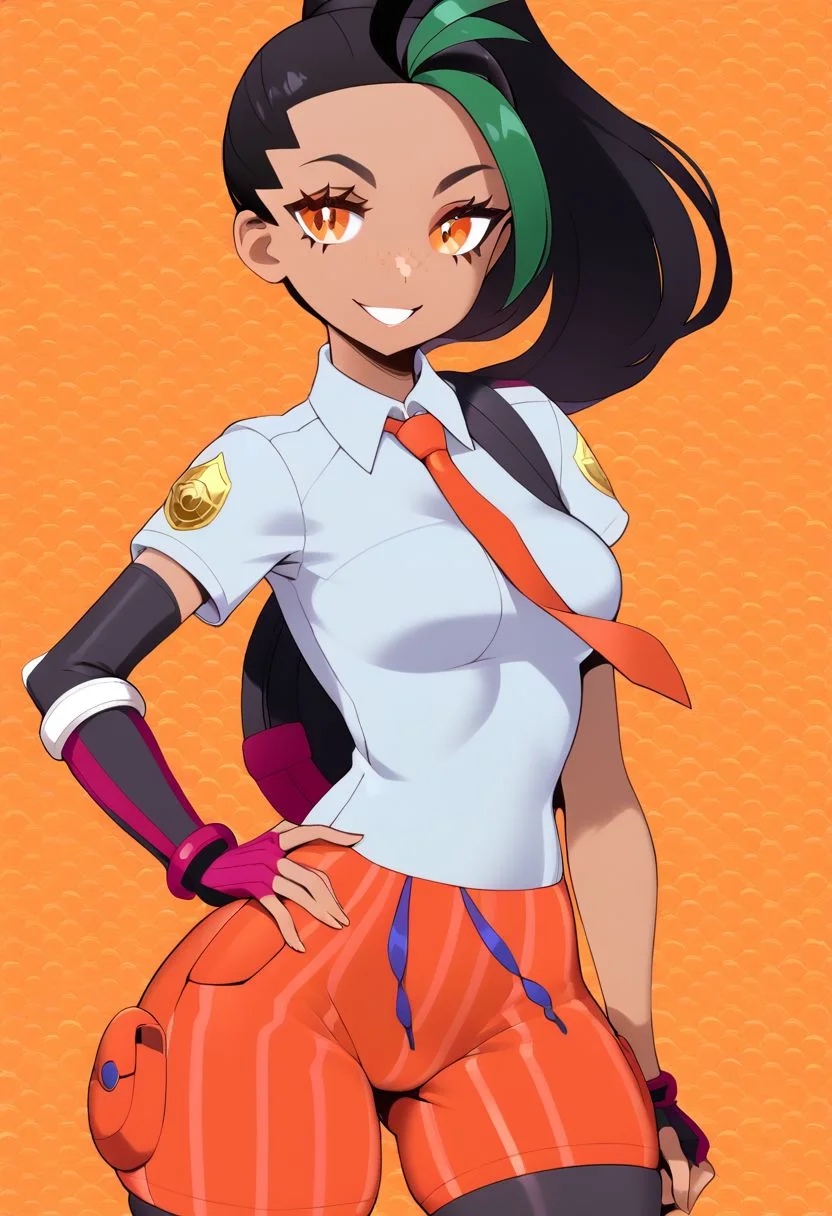 score_9, score_8_up, score_8, medium breasts, (curvy), cute, eyelashes,
zzNill,
BREAK,
Nemona \(Pokemon\), black hair, green hair, orange eyes, dark skin, multicolored hair, two-tone hair, hair pulled back, collared shirt, fingerless gloves, orange shorts,
BREAK,
cowboy shot, skindentation, (wide hips),
smile, looking at viewer,
abstract background, zigzag pattern in background,
hand on hip,
zPDXL,