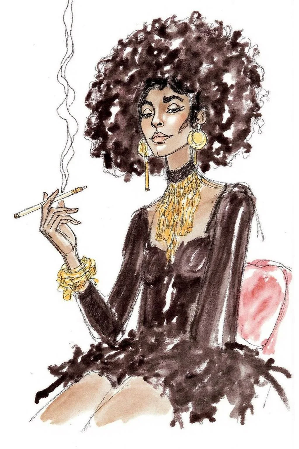 hugop1 watercolor illustration.
A watercolor illustration of an African woman in a sitting position. She has a voluminous, afro hairstyle that stands out prominently. She hold a slender cigarette holder in her hand.
<lora:hugop1_cap_d6a3e12:1.0><lora:824364529745008151:0>
