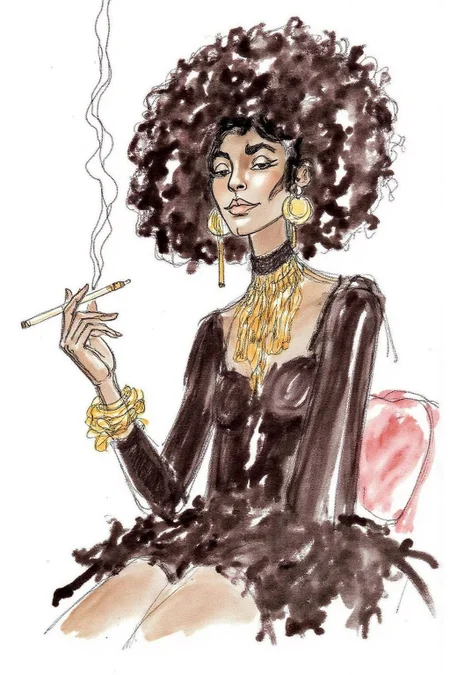 hugop1 watercolor illustration.
A watercolor illustration of an African woman in a sitting position. She has a voluminous, afro hairstyle that stands out prominently. She hold a slender cigarette holder in her hand.
<lora:hugop1_cap_d6a3e12:1.0><lora:824364529745008151:0>