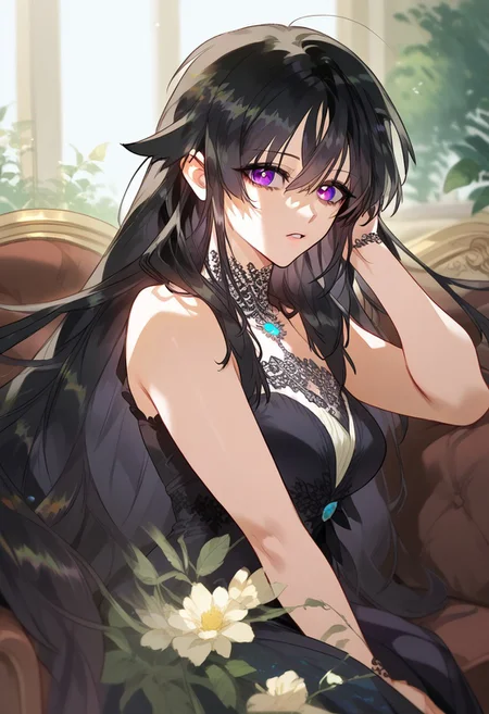 zPDXL3, score_9_up, score_8_up, score_7_up, (Anime_source), 1girl, Reneille, purple eyes, black hair, long hair, Reneille clothes, sleeveless, cowboy shot, looking at viewer, parted lips, sitting on couch, from side