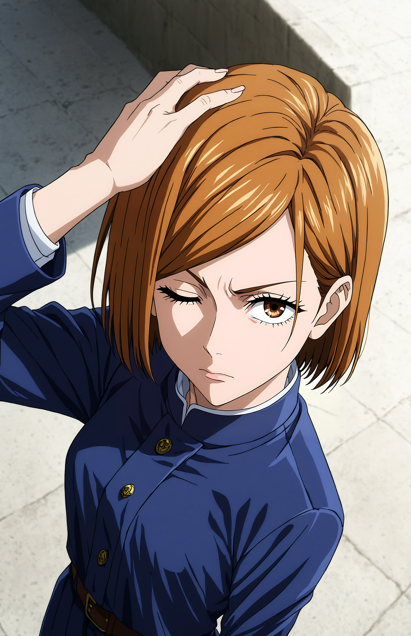 <lora:hyperSD8:1> score_9, score_8_up, score_7_up, score_6_up, BREAK, source_anime,  masterpiece, zPDXLxxx, detailed background,
 <lora:KUGISAKI_NOBARA_CULTY:1> anime screencap, 1girl, solo, kugisaki nobara, brown hair, brown eyes,  school uniform, upper body, looking at viewer,  station, expressionless, covering one eye, hand on own head,  one eye closed, from above, looking up