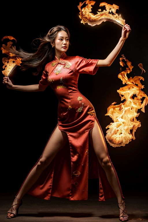(best quality, masterpiece, 8k,uhd, photorealistic), (fullbody:1.3), (8K:1.1), RAW photo, (cinematic light, science fiction, film grain, extremely detailed body and face, brown eyes, photo-realistic:1.4), cinema shot,  (25 years old gorgeous beautiful koreangirl), detailed face lighting,bright backlight,small breasts,super high resolution,best quality,Photos,4k,(Realistic:1.2),1 girl,sexy,cosplay,standing,legs apart,hand on hip,confident,looking to the side,expressive eyes,long flowing hair,(red qipao dress with high slit:1.3),revealing neckline, (matching classy thighhighs:1.3, high heels), slender waist,long legs,high heels,fingerless gloves,fan accessory,yuhuoshu,fiery background,flames, controling fire magic, fiery fists, fire swirling around body, (dynamic kung fu pose:1.3), human body ratio, detailed background, skinny arms, slim arms, long arms, korea street background:1.6, <lora:add_detail:0.6>,, <lora:koreangirl:0.6> ,<lora:yuhuoshu:0.2>