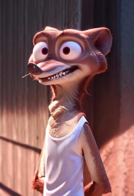 core_9, score_8_up, score_7_up, score_6_up, score_5_up, score_4_up, hd, detailed background, 2d, detailed face, red sclera, disney style, furry, male, long body, big eyes, shorts, white tank top, Duke Weaselton, weasel body, Weasel