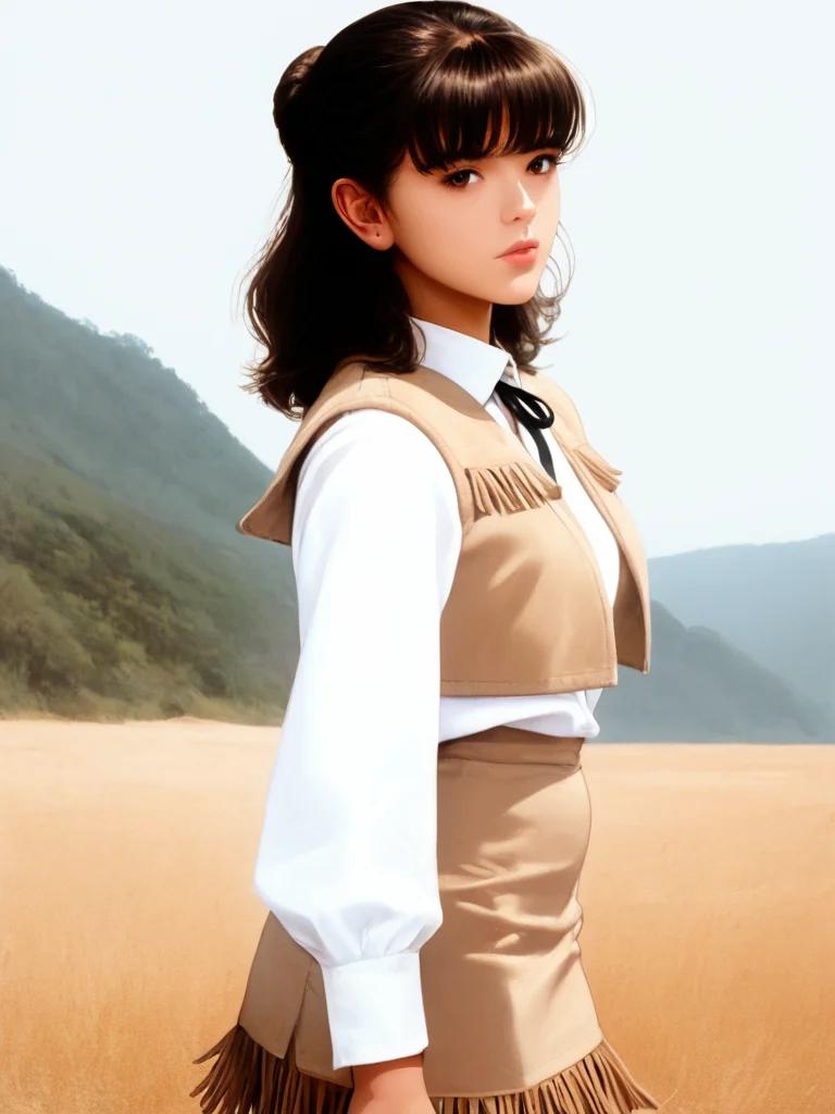 score_9, score_8_up, score_7_up, 1girl, solo,<lora:100_shaider_annie_pdxl:1> 1girl, solo, annie_shaider, anncost1, black hair, shoulder length hair, bangs, brown eyes, Japanese woman, white collar shirt, bolo tie, tan vest with fringe, tan fringed skirt, legs, standing, side view, lips parted, serious, close up view, mole above mouth