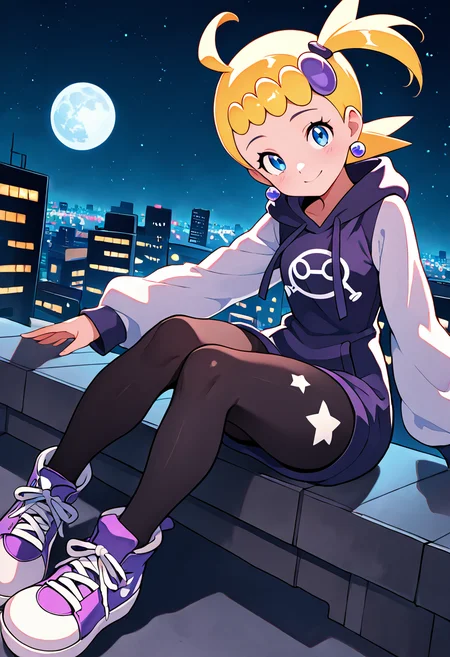 masterpiece, best quality, solo, curvy, beautiful eyes, narrow waist, wide hips, 1girl, solo, smile, looking at viewer, dynamic angle, foreshortening, close up,    zzBonnie, bonnie_(pokemon), blue eyes, ahoge, blonde hair, hair ornament, short hair, side ponytail,  ,<lora:BonniePokemonIXL:1.0>, [Celestial Streetwear], Oversized moon hoodie, starglyph tights, platform sneakers, alien earrings, Leaning on a rooftop at night, surrounded by cosmic city lights and a starry sky.