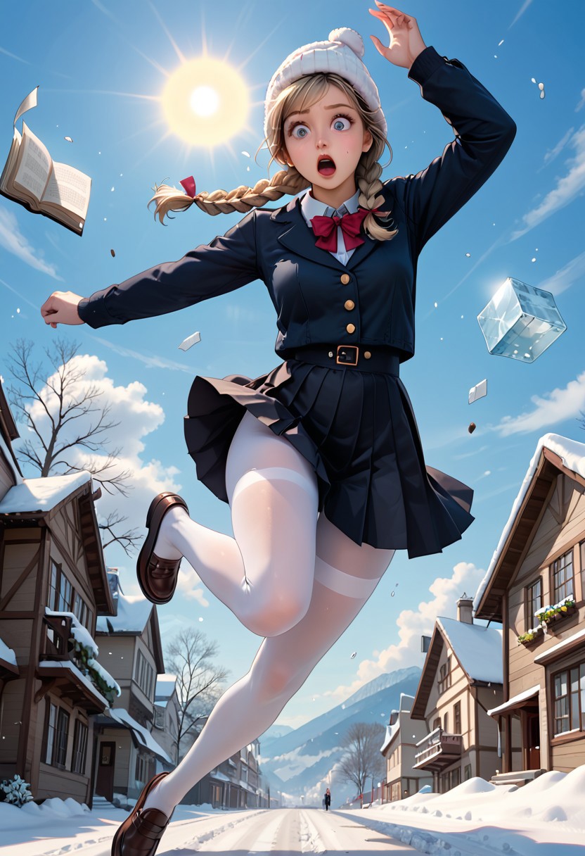 score_9, score_8_up, score_7_up, score_6_up, masterpiece, cinematic, action shot, dynamic camera angle, 1girl, scene of a girl slipping on icy walkway, BREAK, 
1girl, pretty 21 years, long dirty blonde hair, twin braids, black skirt, white tights, penny loafers, winter hat, winter parka, slender waist, long legs, ((tripping, one leg raised, in mid air, falling backward)), shocked, surprised, BREAK,
books and papers scattered in mid air, college campus, winter, icy walkway, sun glistening off of ice, high definition, best quality, 8k