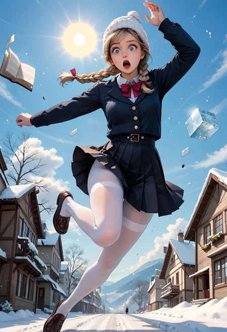 score_9, score_8_up, score_7_up, score_6_up, masterpiece, cinematic, action shot, dynamic camera angle, 1girl, scene of a girl slipping on icy walkway, BREAK,
1girl, pretty 21 years, long dirty blonde hair, twin braids, black skirt, white tights, penny loafers, winter hat, winter parka, slender waist, long legs, ((tripping, one leg raised, in mid air, falling backward)), shocked, surprised, BREAK,
books and papers scattered in mid air, college campus, winter, icy walkway, sun glistening off of ice, high definition, best quality, 8k