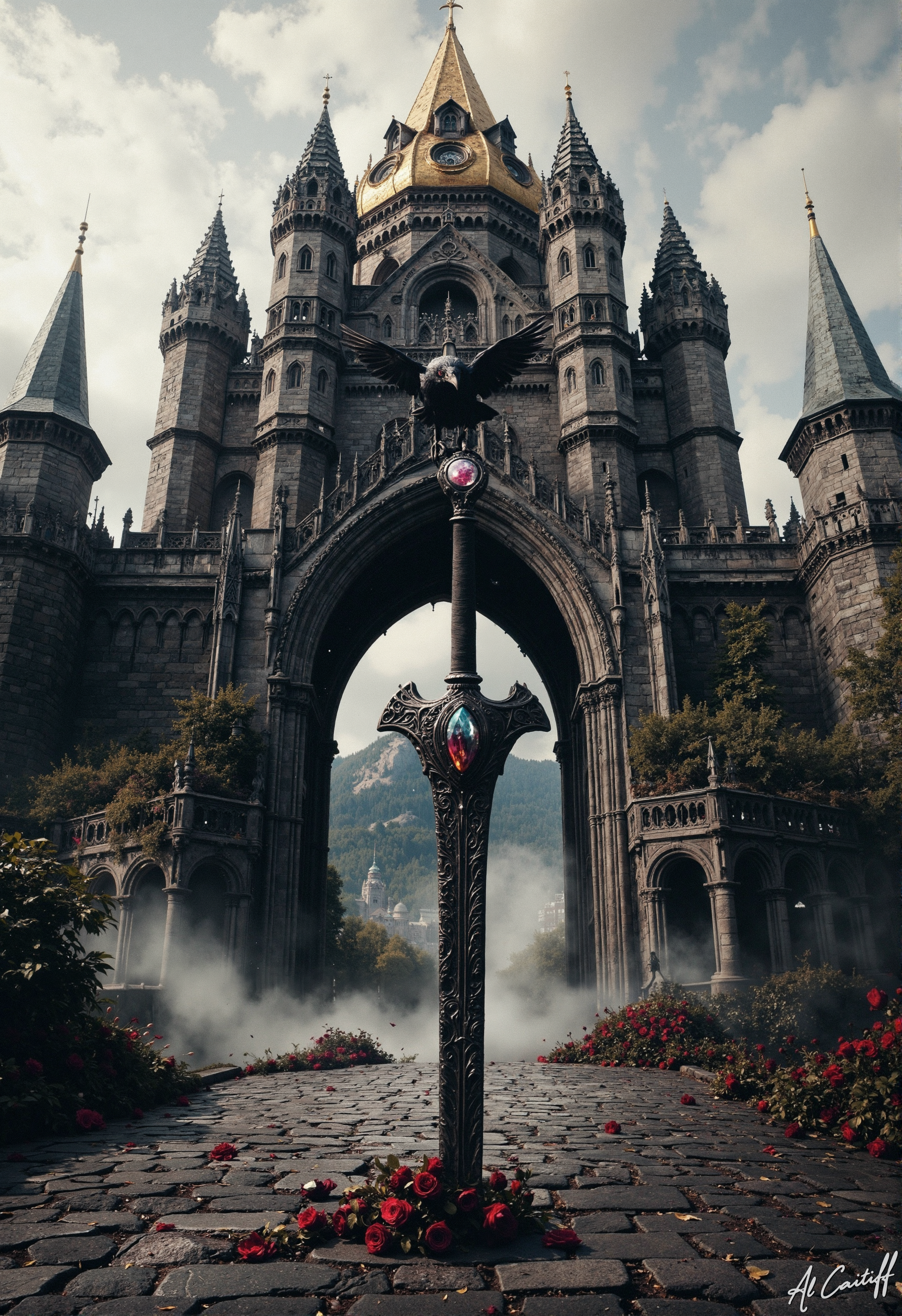 The 35mm fisheye lens contorts the castle into a living titanâits gothic spires bending like beckoning fingers, the golden dome a molten eye staring down as cobblestones ripple beneath the towerâs shadow, their motion blur echoing the rhythmic shiver of a single black rose growing from the spireâs cracked stone, its velvet black petals trembling in time with the ghostly harpâs lament while a lone crow perches on the abandoned swordâs hilt, its beady eyes reflecting the tiaraâs gemstone flicker. The crowâs wings twitch with each new fissure spiderwebbing through the castleâs bones, every crack blooming another dark rose as the harpâs climbing melody tightens like a noose around the throat of the world., fg<lora:CustomFlux/MysticFantasy.safetensors:0.25000000000000006:0.25000000000000006> <lora:CustomFlux/MysticRealism.safetensors:0.7500000000000001:0.7500000000000001> <lora:Flux/Stylized-Super-Texture.safetensors:0.5000000000000001:0.5000000000000001> <lora:Flux/Dark_side_of_light.safetensors:0.5000000000000001:0.5000000000000001>