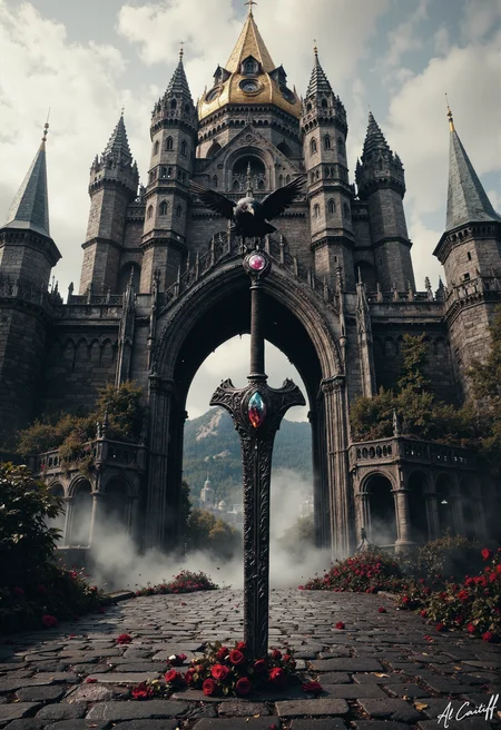 The 35mm fisheye lens contorts the castle into a living titan—its gothic spires bending like beckoning fingers, the golden dome a molten eye staring down as cobblestones ripple beneath the tower’s shadow, their motion blur echoing the rhythmic shiver of a single black rose growing from the spire’s cracked stone, its velvet black petals trembling in time with the ghostly harp’s lament while a lone crow perches on the abandoned sword’s hilt, its beady eyes reflecting the tiara’s gemstone flicker. The crow’s wings twitch with each new fissure spiderwebbing through the castle’s bones, every crack blooming another dark rose as the harp’s climbing melody tightens like a noose around the throat of the world., fg<lora:CustomFlux/MysticFantasy.safetensors:0.25000000000000006:0.25000000000000006> <lora:CustomFlux/MysticRealism.safetensors:0.7500000000000001:0.7500000000000001> <lora:Flux/Stylized-Super-Texture.safetensors:0.5000000000000001:0.5000000000000001> <lora:Flux/Dark_side_of_light.safetensors:0.5000000000000001:0.5000000000000001>