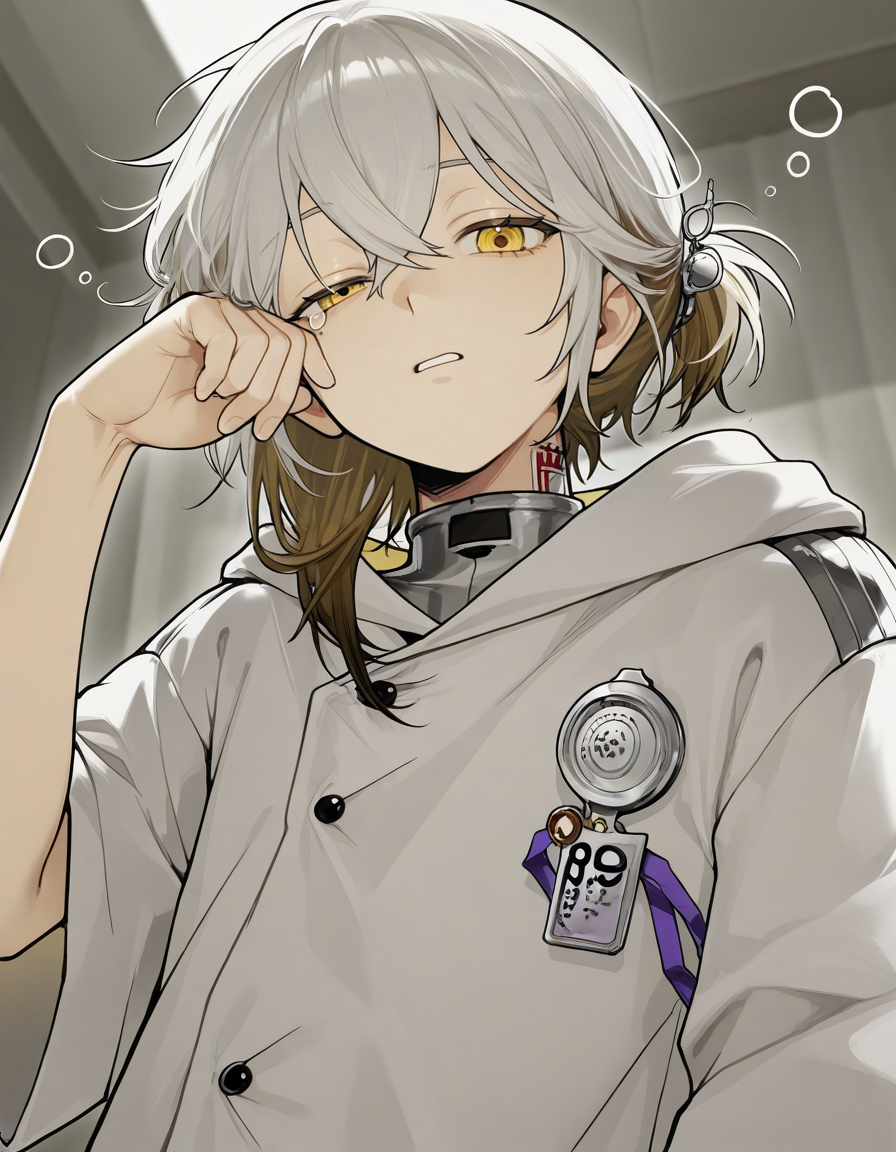 1androgynouslucy,yellow eyes,medicinepocket, looking at viewer, sleepy expression
( dynamic angle:0.4)
  <lora:Medicine_Pocketreverse1999:1>, (masterpiece, best quality, high quality, highres, ultra-detailed),
