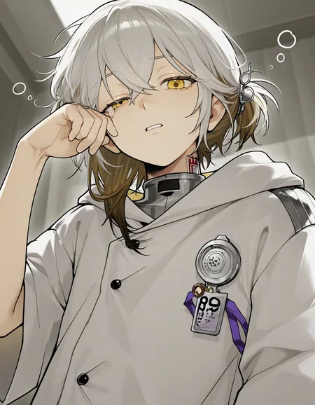 1androgynouslucy,yellow eyes,medicinepocket, looking at viewer, sleepy expression
( dynamic angle:0.4)
  <lora:Medicine_Pocketreverse1999:1>, (masterpiece, best quality, high quality, highres, ultra-detailed),