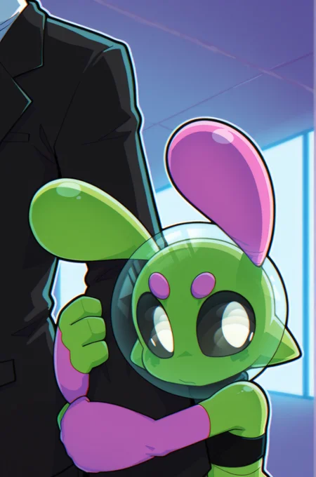 Dynamic angle, sploot,1girl,colored_sclera,white eyes,alien,antennae, upper_body, hugging, height_difference, head_out_of_frame, 1boy