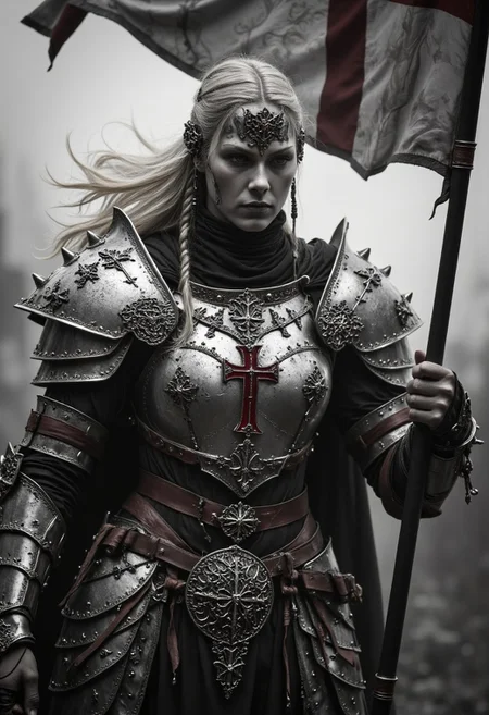 This is a high-resolution, black-and-white photograph of a powerful Viking woman holding a Templar flag with strength and grace. Her muscular yet elegant frame exudes raw power, and her commanding presence is heightened by dark, intricate Templar symbols tattooed across her neck and face, climbing toward her temples. Her expression is fierce yet composed, embodying both the ferocity of a warrior and the wisdom of a leader.
She wears a combination of Viking and Templar-inspired armor: polished silver plates with intricate Norse engravings, layered over leather accents. Her chestplate features a bold red cross, marking her as a warrior of conviction. Her blonde hair is braided in a traditional Viking style, with loose strands framing her face, adding a touch of wild beauty.
In her hand, she holds a large Templar flag, its fabric rippling in an unseen wind. The flag’s deep red cross contrasts starkly against the aged white fabric, symbolizing the fusion of her Viking heritage and the Templar legacy she upholds. A long, flowing black cape drapes behind her, emphasizing her regal and mighty stance.
The background is an atmospheric blend of mist and shadow, evoking the somber aura of a battlefield at dawn. Shot with high contrast and sharp focus, the image highlights the textures of her armor, the flowing fabric of the flag, and the deep symbolism of her tattoos.
