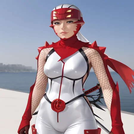 <lora:hibana_pony_v1:.8>  Hibana, 1girl, ninja, bodysuit, armor, fishnets, belt, gloves, large breasts, scarf
