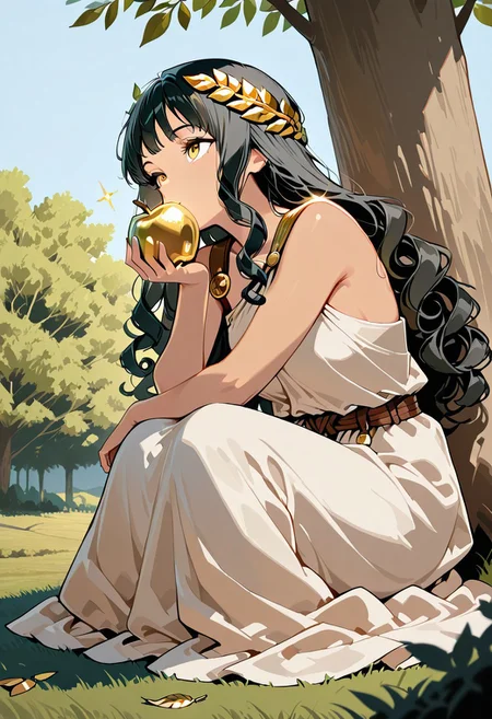 flat colors, masterpiece, best quality, amazing quality,
1girl, solo, girl, black hair, golden eyes, full body, close up,
 long hair, curly hair, looking up, head rest, white Toga, bronze shoulder pins, brown string belt, golden leafy laurel, greek goddess,
under a green olive tree canopy, sitting, leaning on arm, holding a golden apple, one bite in apple, crepuscular light, pale blue sky,outdoors, green olive trees, golden sparkles,, falling leaves, grassy ground