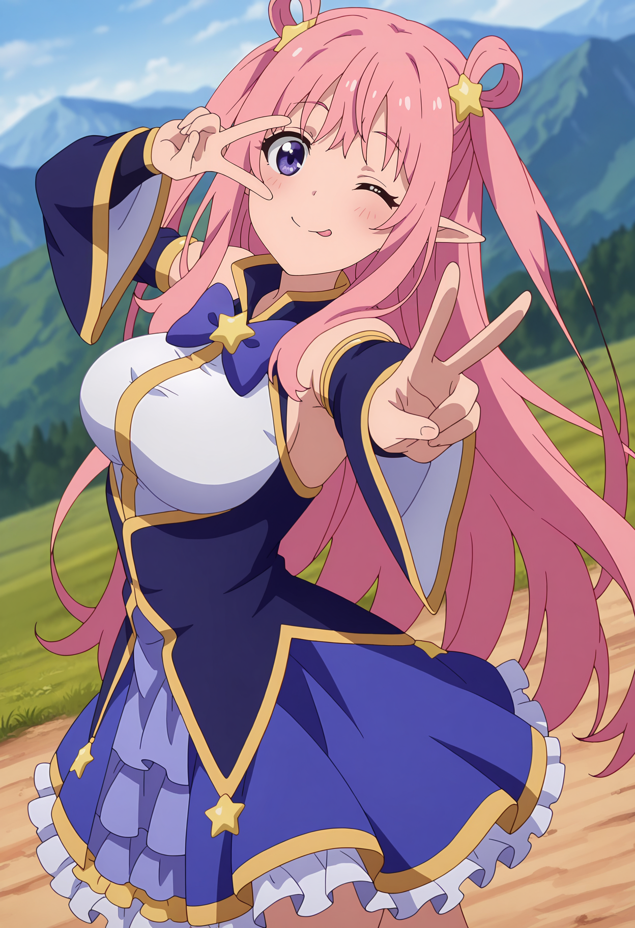 anime screencap, masterpiece, best quality,
<lora:PrincessConnect_Hatsune_IlluXL:0.9>,
1girl, solo, closed mouth, smile, tongue out, blush, v over eye, double v, one eye closed, outstreched arm, outstretched hand,
two side up, hair rings, pink hair, very long hair, purple eyes, pointy ears, hair ornament, star (symbol),
sleeveless dress, multicolored dress, neck bow, purple bow, detached sleeves, frilled skirt, layered skirt,
arched back, standing, looking at viewer, cowboy shot, dutch angle,
blurry background, mountainous background, scenery, foreshortening
