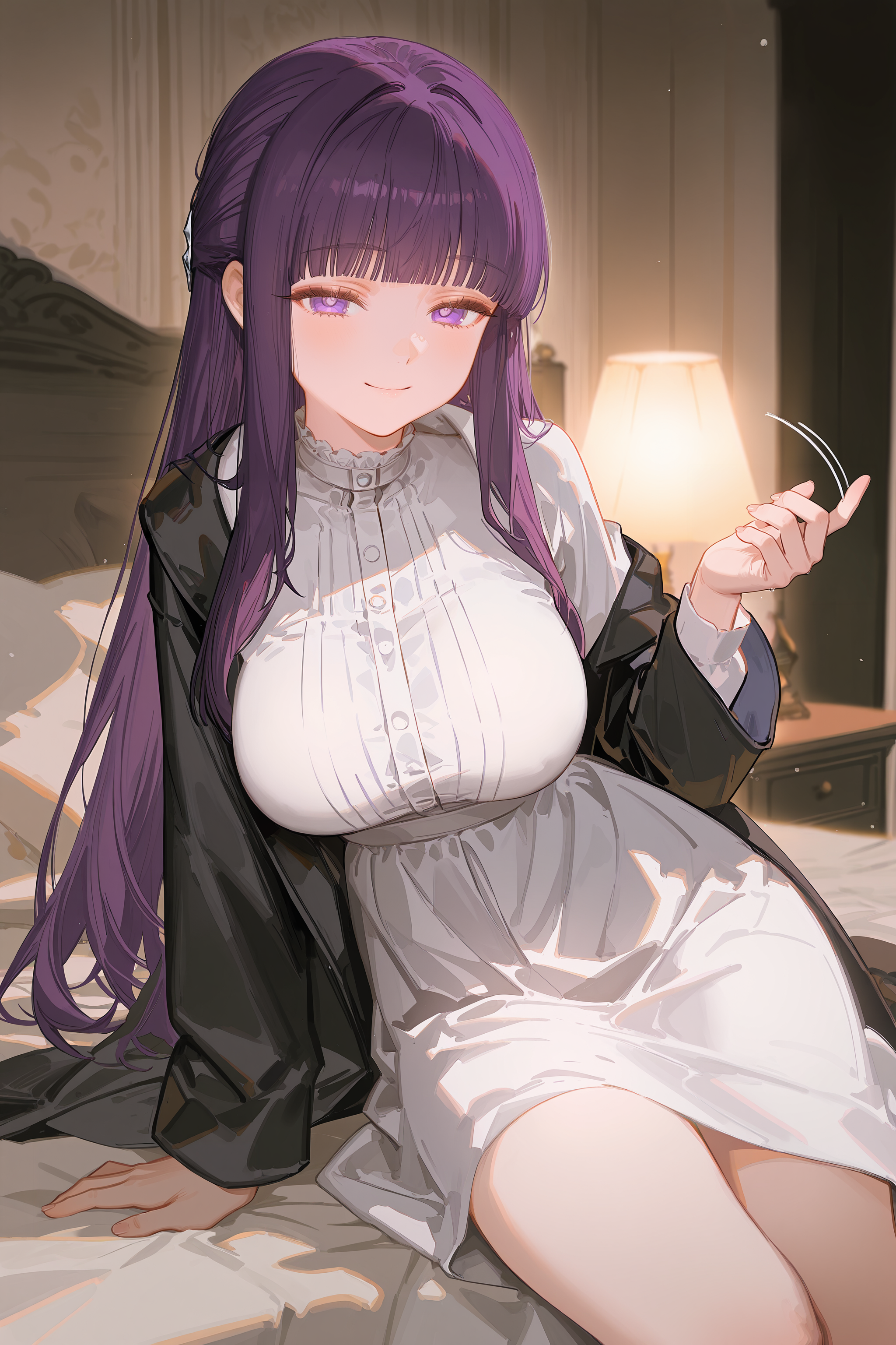 1girl, fern \(sousou no frieren\),  solo, large breasts, black coat, long white dress, cowboy shot, bedroom, depth of field, sitting on side of the bed, reclining, arm support, gasping, ecstasy, seductive smile <lora:Char-Fern-IL-V1:0.8:hr=0.6>, ciloranko, alphonse \(white datura\), ask \(askzy\), gomzi, you shimizu
masterpiece, best quality, amazing quality, very aesthetic, absurdres, newest, (scenery, volumetric lighting), ray tracing, (bloom:1.4), cinematic