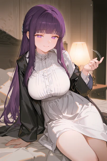 1girl, fern \(sousou no frieren\), solo, large breasts, black coat, long white dress, cowboy shot, bedroom, depth of field, sitting on side of the bed, reclining, arm support, gasping, ecstasy, seductive smile <lora:Char-Fern-IL-V1:0.8:hr=0.6>, ciloranko, alphonse \(white datura\), ask \(askzy\), gomzi, you shimizu
masterpiece, best quality, amazing quality, very aesthetic, absurdres, newest, (scenery, volumetric lighting), ray tracing, (bloom:1.4), cinematic