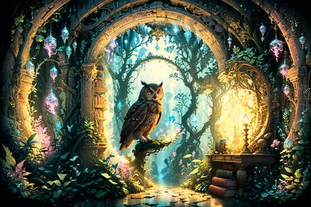 An ancient library hidden within an enchanted forest, illuminated by bioluminescent plants and floating crystals, as seen through the eyes of a curious owl at twilight. <lora:Lost_In_Dreams:0.7> <lora:xl_more_art-full_v1:0.6>, (masterpiece:1.2), best quality, (hyperdetailed, highest detailed:1.2), high resolution textures