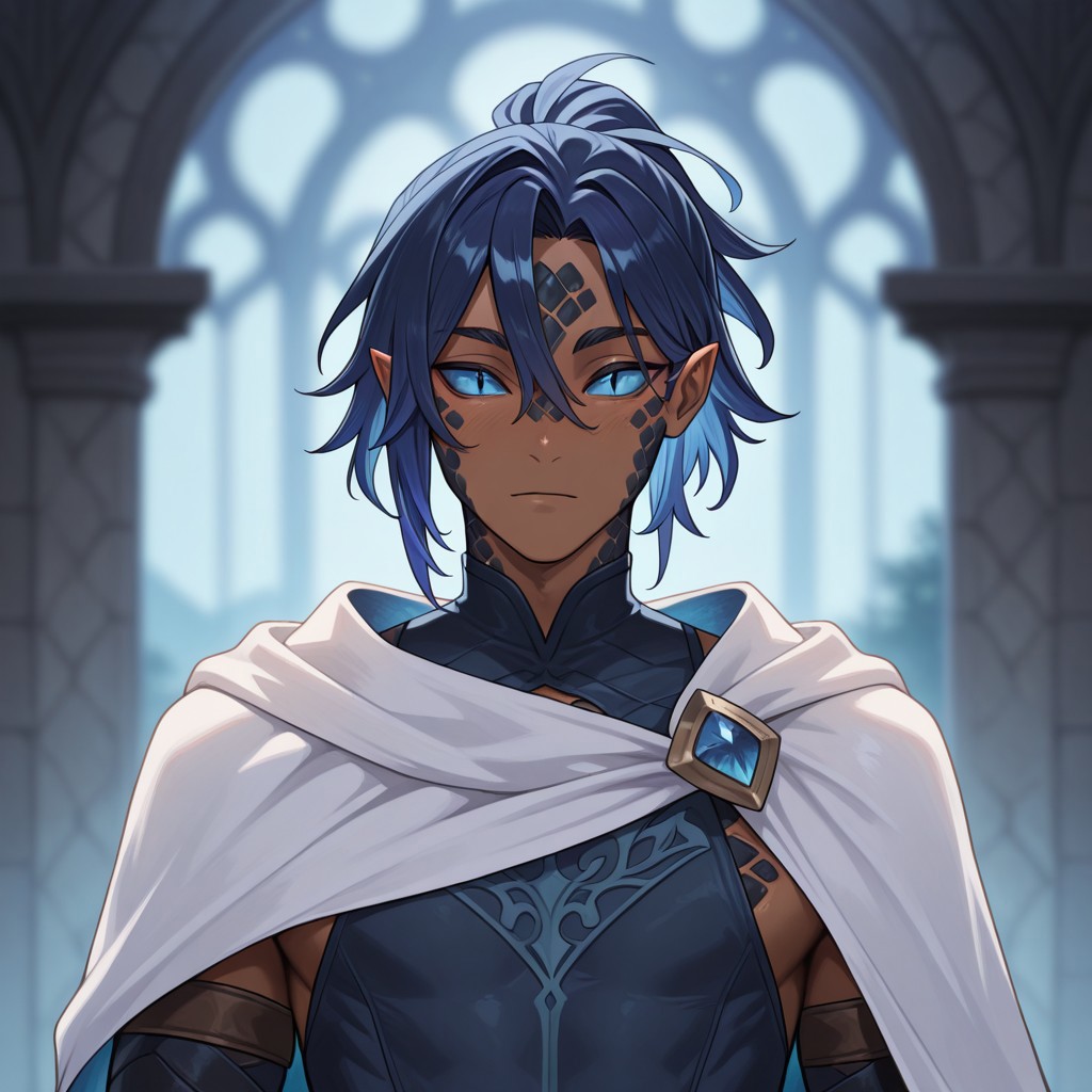 masterpiece, best quality, amazing quality, very aesthetic, solo, upper body,
yuanti, slit pupils, pointed ears,
1boy, male focus, blue eyes, dark skin, black scales, violet blue hair, white cape, 
looking at viewer, posing,
fantasy background, blurred background,