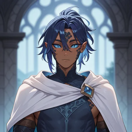 masterpiece, best quality, amazing quality, very aesthetic, solo, upper body,
yuanti, slit pupils, pointed ears,
1boy, male focus, blue eyes, dark skin, black scales, violet blue hair, white cape,
looking at viewer, posing,
fantasy background, blurred background,