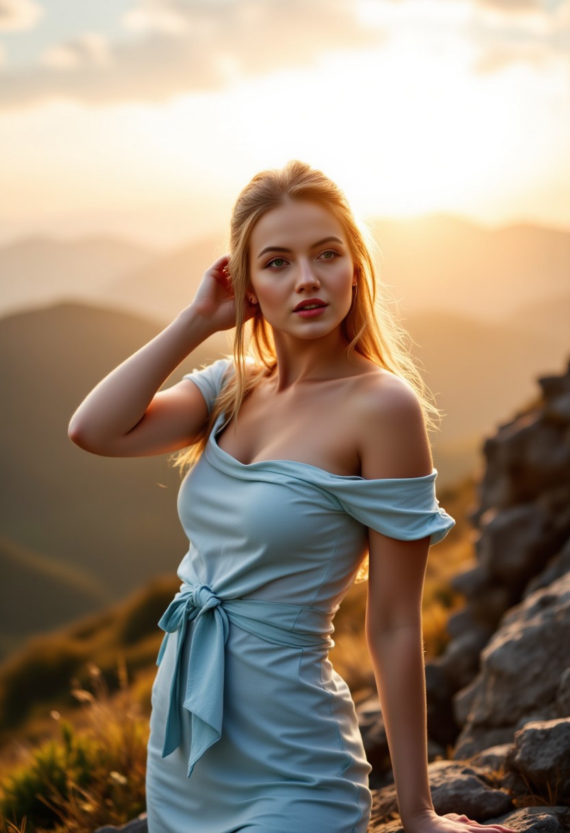 A young blonde woman standing on the edge of a scenic cliff at sunrise, adjusting her own hair, her pose confident and alluring as she gazes over her shoulder toward the camera. The low-angle shot emphasizes her form and the dramatic backdrop of golden skies and distant mountains. She is dressed in a fitted, off-shoulder powder blue dress that flows slightly in the breeze, accentuating her graceful silhouette. The sunlight highlights her glowing skin and softly tousled hair, adding a sense of elegance and serenity to the scene.