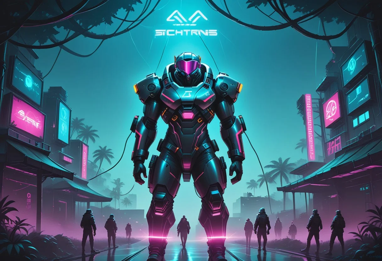 Ultra modern Asian jungle fortress, cyberpunk style, with cyber men and hackers:
Physical characteristics of the fortress:
Massive walls of reinforced metal and glass, with neon lights highlighting the contours.
Grand arches and domes decorated with intricate Asian ornaments and LED lighting in bright neon colors.
Black metal entrance gates with high-tech neon-lit symbols.
Towers with light panels and holographic displays showing information and visualizations.
Background and Environment:
A jungle illuminated by bright neon lighting creating a contrast between the vegetation and the modern architecture.
Tall trees with neon vines and technological facilities integrated into the natural environment.
Sky with stars and neon lights from drones and flying vehicles.
Cyber Men and Hackers:
Cybermen: High-tech suits with glowing stripes and LED lighting, masks or goggles with neon lighting, built-in interfaces and gadgets.
Hackers: Leather jackets, cybernetic implants, light accessories, portable computers and holographic displays.
Atmosphere:
Bright neon lighting effects highlighting the details of the fortress and creating a futuristic atmosphere.
Neon colors reflected in the jungle creating a contrast between modern and traditional.
Dramatic moonlight or special lighting for depth and realism