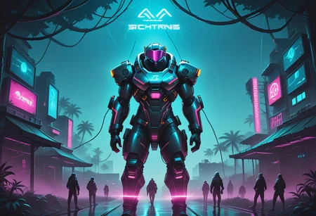 Ultra modern Asian jungle fortress, cyberpunk style, with cyber men and hackers:
Physical characteristics of the fortress:
Massive walls of reinforced metal and glass, with neon lights highlighting the contours.
Grand arches and domes decorated with intricate Asian ornaments and LED lighting in bright neon colors.
Black metal entrance gates with high-tech neon-lit symbols.
Towers with light panels and holographic displays showing information and visualizations.
Background and Environment:
A jungle illuminated by bright neon lighting creating a contrast between the vegetation and the modern architecture.
Tall trees with neon vines and technological facilities integrated into the natural environment.
Sky with stars and neon lights from drones and flying vehicles.
Cyber Men and Hackers:
Cybermen: High-tech suits with glowing stripes and LED lighting, masks or goggles with neon lighting, built-in interfaces and gadgets.
Hackers: Leather jackets, cybernetic implants, light accessories, portable computers and holographic displays.
Atmosphere:
Bright neon lighting effects highlighting the details of the fortress and creating a futuristic atmosphere.
Neon colors reflected in the jungle creating a contrast between modern and traditional.
Dramatic moonlight or special lighting for depth and realism