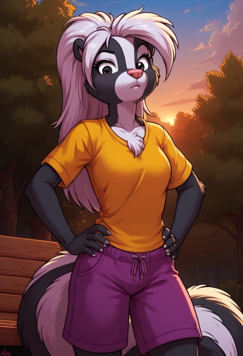score_7, score_8, score_9, dynamic lighting, detailed background, background is park, benches, trees, walkway, clouds, sunny, glowing, close up, cowboy shot
BREAK 
Solo, 1 female, single female, anthro, furry female, female skunk, Tabitha Skunk, short, white black, long hair, (white hair), pink animal nose, black eyes, (skunk tail), feet claws, chest fur tuft, ((white cheeks))
BREAK 
standing, looking at viewer, confused look, purple shorts, yellow t shirt, hands on hips