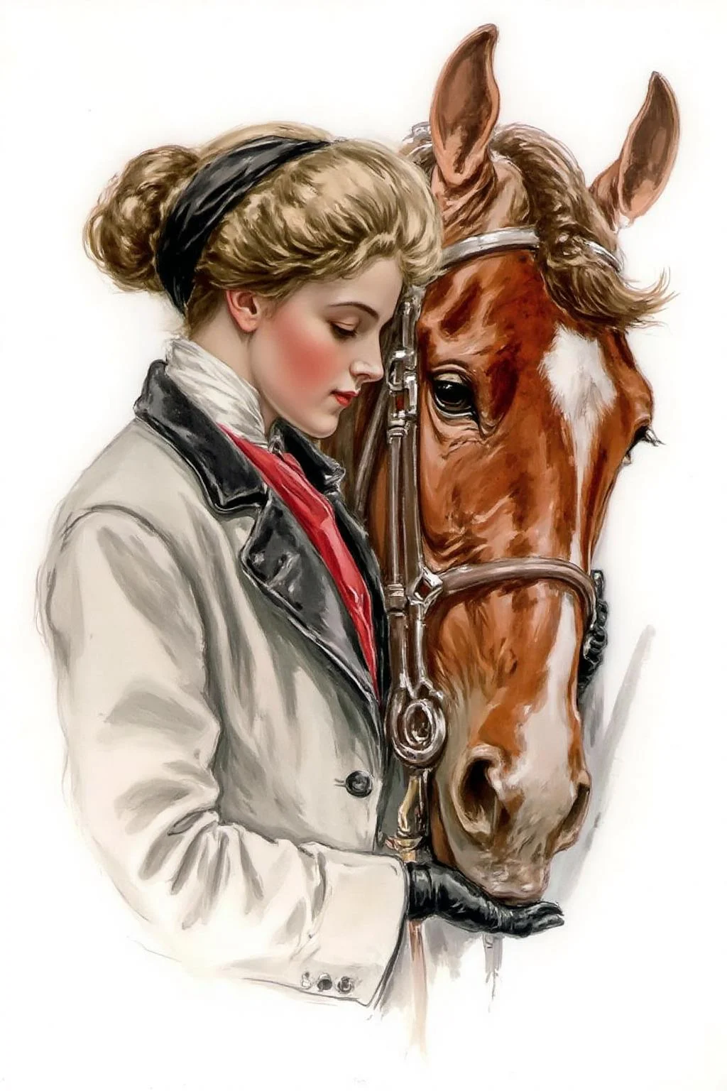 hafisher1 illustration.
A tender moment between a woman and a horse. The woman, positioned on the left side of the image, is dressed in a light-colored, high-collared coat with a red cravat. Her hair is styled in an elaborate, updo, secured with a black headband, and she wears black gloves.
<lora:hafisher1_cap_d6a3e12:1.0><lora:829844800640624093:0>
