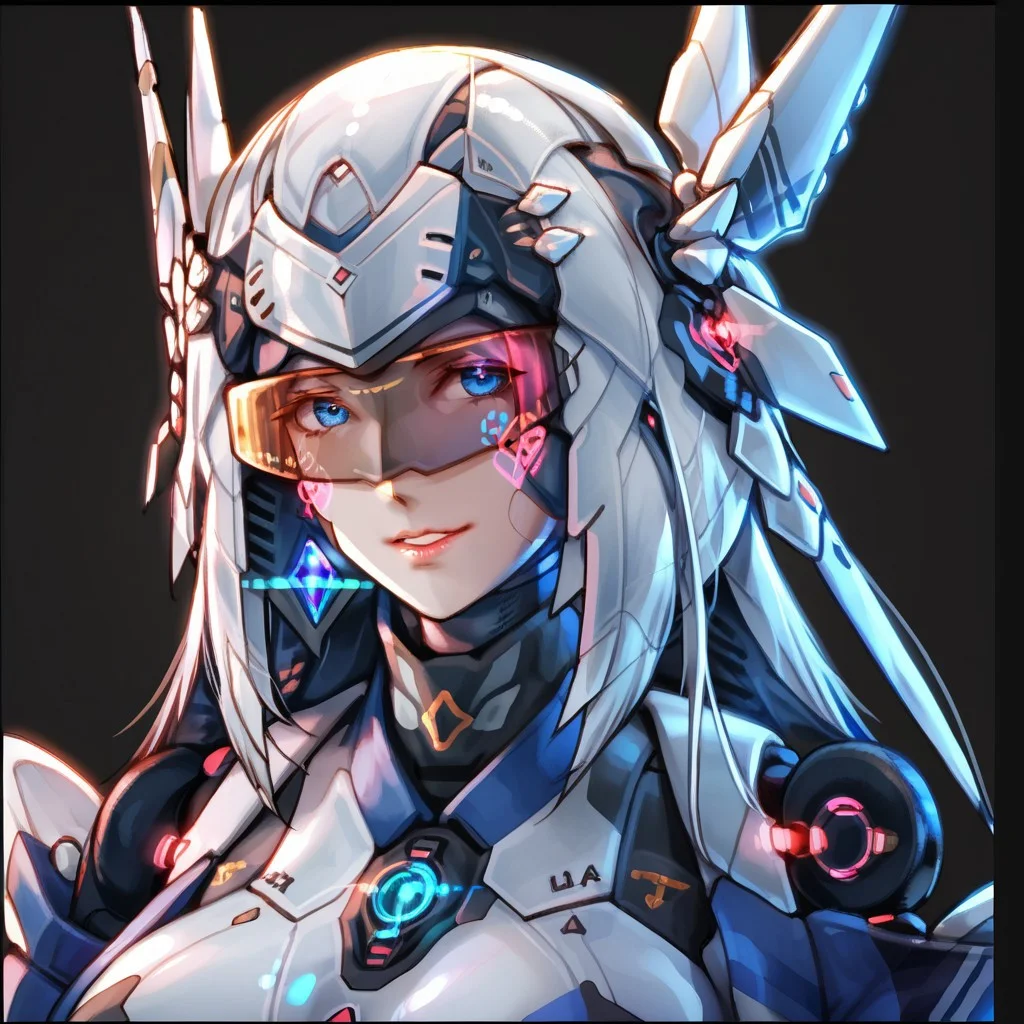 uaf-character, |||, breasts, humanoid robot, mecha musume, medium breasts, silver hair ornament, uaf_neuko, upper body, glowing, android, visor, smile, black border, uaf-portrait, robot girl, robot, uaf_redblue_backlight, parted lips, solo, uaf_red_blue_ilumination, helmet, simple background, 1girl, 80swa, Expressiveh, score_9,score_8_up,score_7_up, 20 years old, 8k, hd, beautiful korean girl, , ultra realistic, hyper realistic, detailed face, natural huge breasts, beautiful woman's face, <LoRA: uafPortraits-000110>, <LoRA: uaf Wt: 1>, pureerosface_v1, (PureErosFace_V1:0.8)