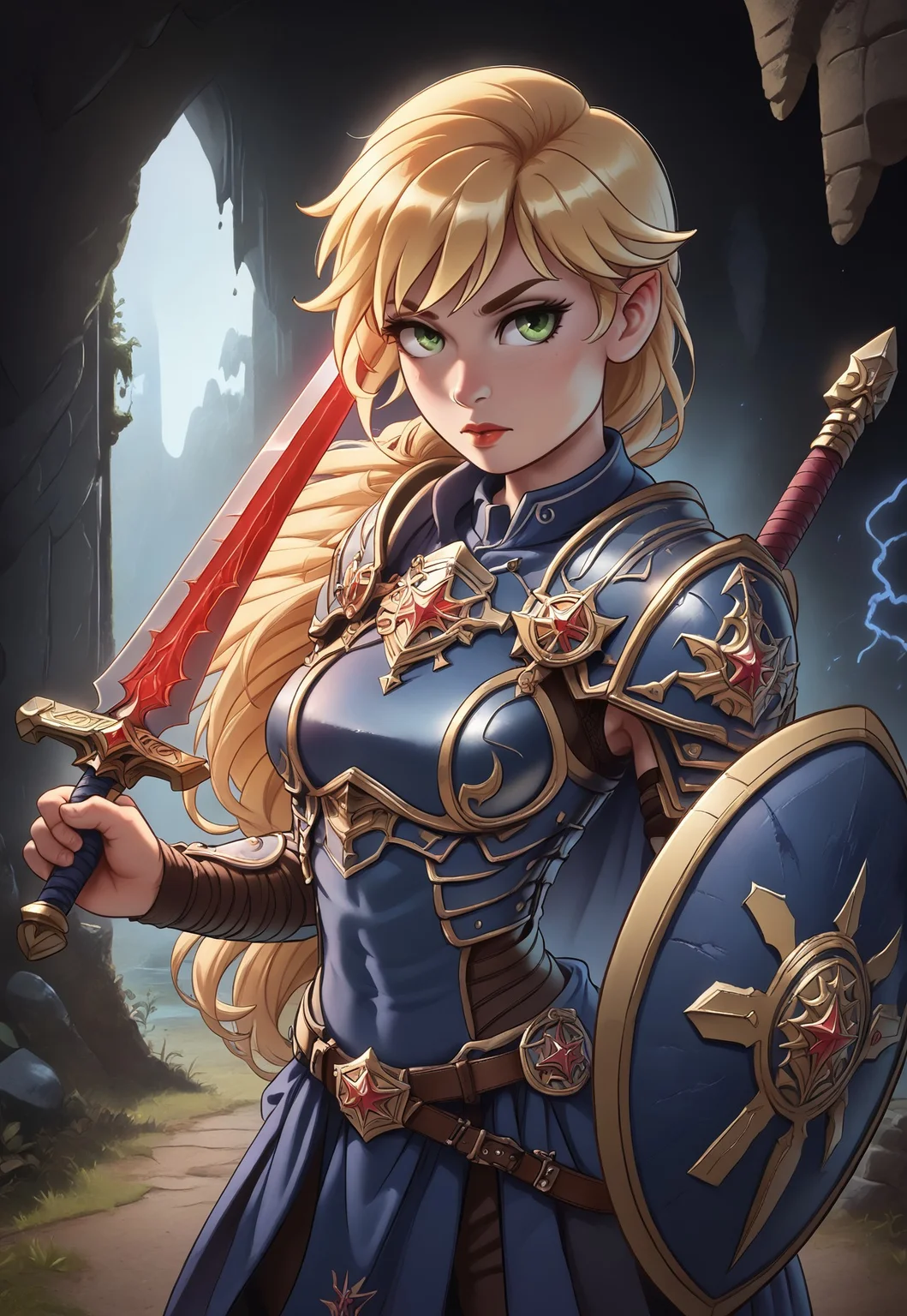 safe_pos, score_9, score_8_up, score_7_up, 1girl, woman, solo.
(A solitary knight in gleaming armor, standing guard at the entrance of a hidden cave, with a glowing sword held firmly in hand. Green eyes, long blonde hair, front bangs, fit figure:1.85)
((((big sword and iron shield in hands)))
<lora:add-detail-xl:1> <lora:Expressive_H:0.6>Expressiveh, (SimplepositiveXLv1:1.3), (((upper body, full clothed)))
((masterpiece))
(ultra realistic, 32k, masterpiece:1.2), (high detailed skin:1.1), (high quality:1.1)
(((full clothed)))
<lora:DandonFuga_Style_v.2_-_Pony:0.8>
(8k uhd:1,4)
<lora:add-detail-xl:1>
<lora:Dynamic Poses:1>