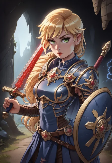 safe_pos, score_9, score_8_up, score_7_up, 1girl, woman, solo.
(A solitary knight in gleaming armor, standing guard at the entrance of a hidden cave, with a glowing sword held firmly in hand. Green eyes, long blonde hair, front bangs, fit figure:1.85)
((((big sword and iron shield in hands)))
<lora:add-detail-xl:1> <lora:Expressive_H:0.6>Expressiveh, (SimplepositiveXLv1:1.3), (((upper body, full clothed)))
((masterpiece))
(ultra realistic, 32k, masterpiece:1.2), (high detailed skin:1.1), (high quality:1.1)
(((full clothed)))
<lora:DandonFuga_Style_v.2_-_Pony:0.8>
(8k uhd:1,4)
<lora:add-detail-xl:1>
<lora:Dynamic Poses:1>