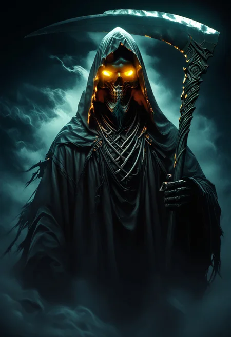 score_9,score_8_up,score_7_up, A dark, atmospheric scene featuring a grim reaper with a large scythe, standing tall in a desolate landscape. The reaper’s torn clothes billow in the wind, showcasing intricate, worn-out fabric with frayed edges. The background is moody and cinematic, with a faint, eerie mist and dark clouds swirling above. The figure's skeletal face is partially obscured by a hood, with glowing eyes peering through the shadows. The scene is high contrast, with dramatic lighting highlighting the reaper’s ominous presence. The atmosphere is dark fantasy, invoking a sense of dread and power. Rendered in hyper-realistic style, with fine details on the scythe’s metal and the textures of the tattered cloth. The composition captures both elegance and destruction in equal measure, perfect for ArtStation's trending aesthetic.