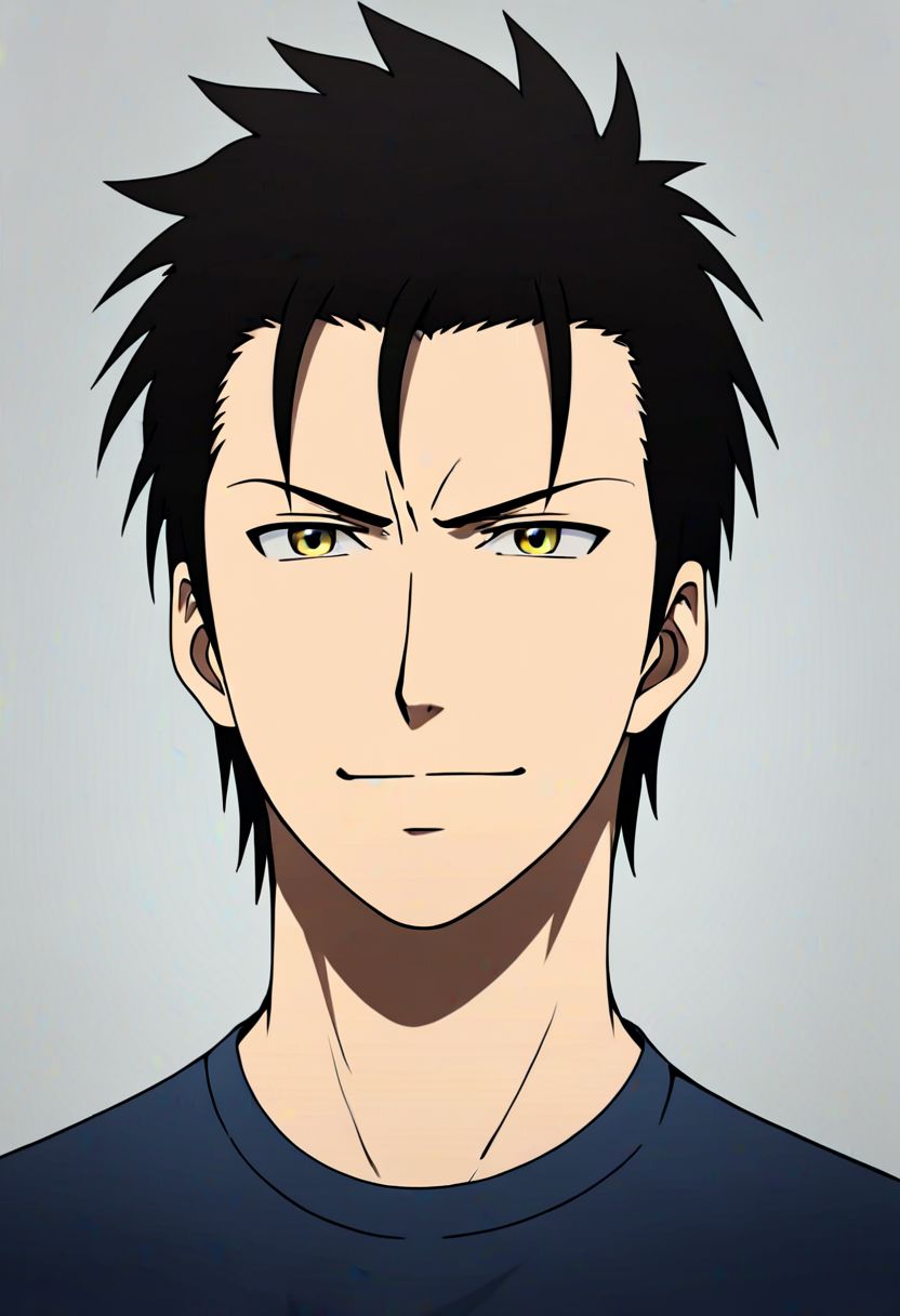 Highres, Masterpiece, High Quality, 4K, 8K, solo, 1Boy, Soujirou Agata, borown eyes, black hair, Shirt, passport_photo_style, looking at viewer, angry, smile, focused gaze forward, plain background, straight body, head upright, easynegative, detailed_eye_model