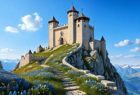 a crusader watchtower on a (tall rock spire), (13th Century:1.5), a stairway to the watchtower, gate, doorway, very wide shot, far out shot, fantasy, blue sky, alpine meadow flowers, best quality, masterpiece, realistic, photo-realistic, amazing, finely detail, ultra-detailed, highres, extremely detailed, 8k wallpaper