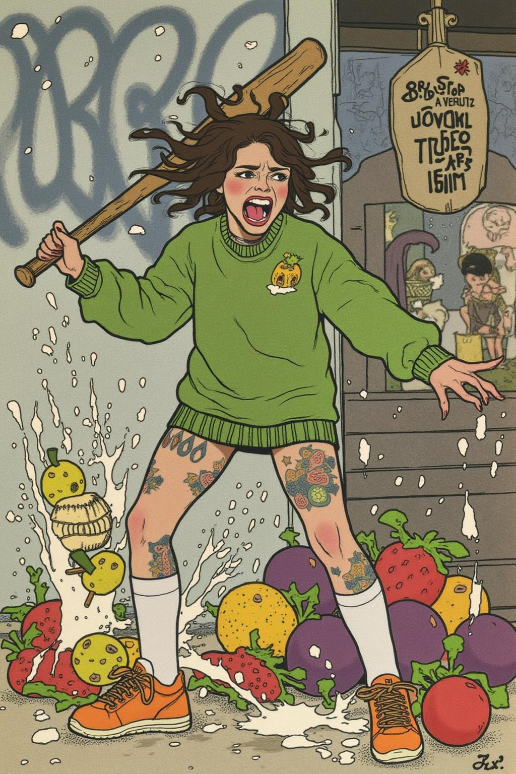 ivanbilibin1 illustration. 
 full body, liquid splash, cartoonish juicy fruits chaos, dynamic pose, dynamic camera, a fashion shoot, an illustration of a young woman threateningly holding a baseball bat in her hands, full body tattoo, wearing green short sweater, miniskirt, knee socks, orange sneakers, aggressive facial expression, wall with graffiti in the background,    <lora:ivanbilibin1_cap_d6a3:1.0><lora:835910844945714630:0>