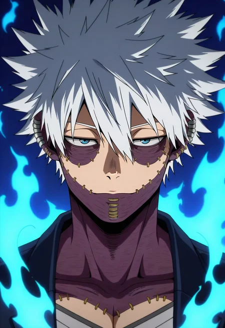 masterpiece, best quality, intricate details, anime screencap, anime coloring, official style, , 1boy, solo, male focus, <lora:dabi_bnha_ilxl:0.92>, dabi_bnha, white hair, blue eyes, short hair, spiked hair, hair between eyes, messy hair, bangs, scar, burn scar, scar on face, piercing, ear piercing, stitches, blue fire, ,