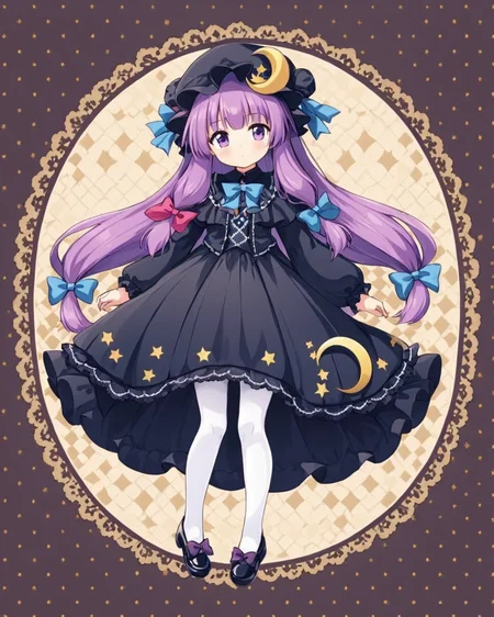 patchouli knowledge,1girl, solo, black_dress, hat, black_headwear, doily, argyle_background, full_body, crescent_hat_ornament, long_sleeves, black_footwear, hair_bow, sleeves_past_fingers, lolita_fashion, closed_mouth, polka_dot, shoes, ribbon, double_bun, white_pantyhose, alternate_costume, looking_at_viewer, frilled_dress
<lora:patchouli_knowledge_image4909_2023-12-20-000009:1>,star-shaped_pupils,symbol-shaped_pupils,. gorgeous,key visual, vibrant, studio anime,award-winning, professional, highly detailed,high budget, cinemascope