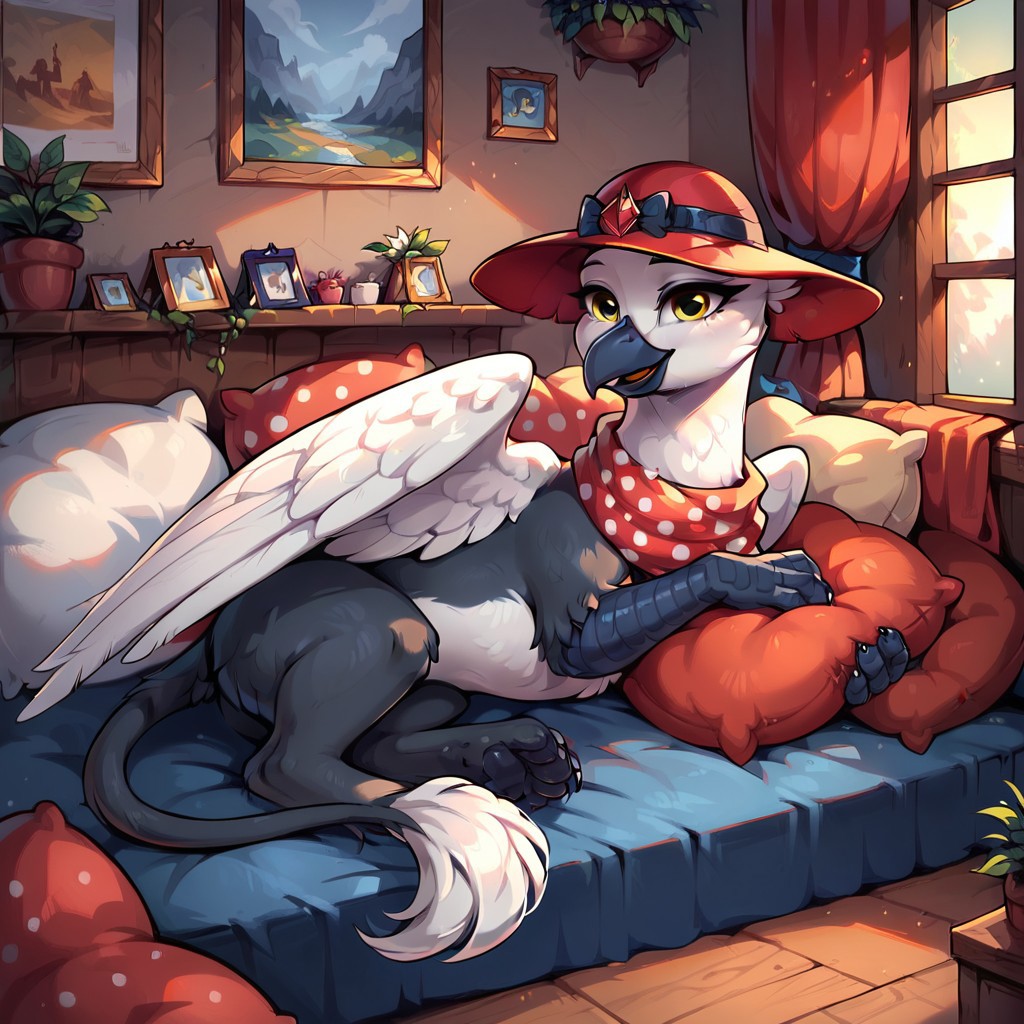 masterpiece, score_9, score_8_up, score_7_up, (best quality:1.1), ultra-detailed, high resolution, solo, 1character, Princess Lycklig, griffon, feral, female, (((beautiful detailed yellow eyes))), black beak, white feathers, black talons, wings, (vintage red hat), (scarf with polka dots), inside, cozy living room, Sleeping, lying on side, pillows, full body, highly visible, sharp focus, perfect lighting, shiny, anatomically correct, extremely detailed, shine on body, high detail, cute, Expressiveh, detailed background